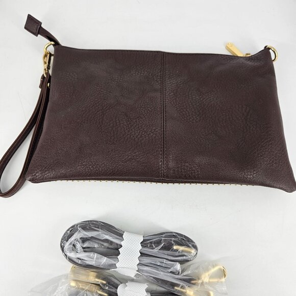 Studded Wristlet Clutch Purse Bag Brown Gold Silver Accents 2 Detach Straps 11x7 - Picture 9 of 13
